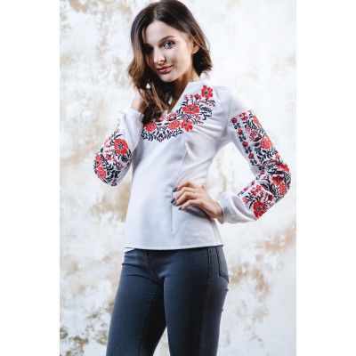 Embroidered blouse "Flower Ornament" Red on White